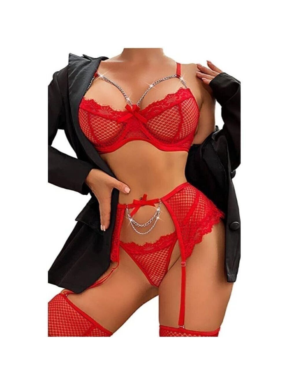 SEXY Eyelash Fishnet Lingerie Chain Babydoll Underwire Bra Panty Set Garter Belt